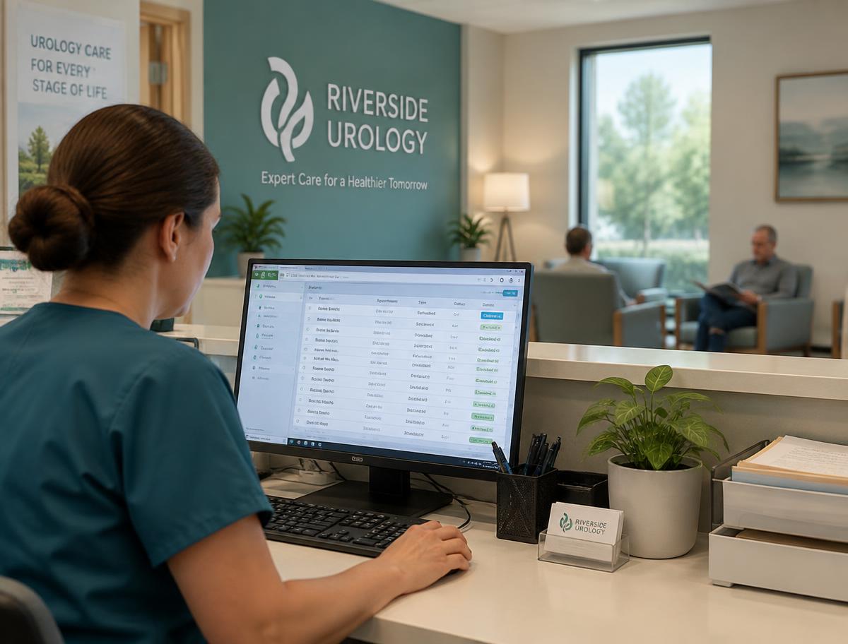 Practice staff reviewing a patient list in a urology clinic