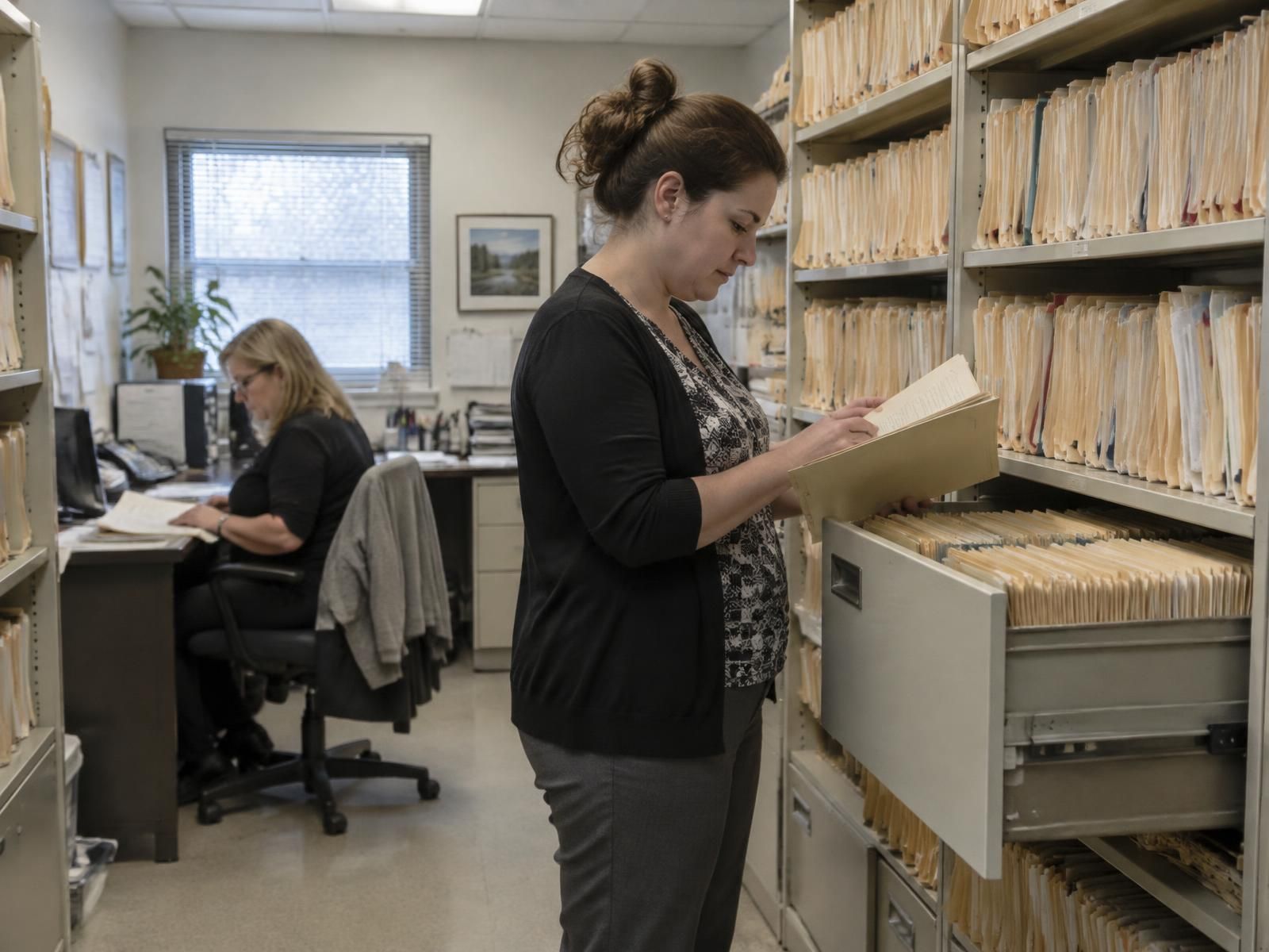 Records room in a medical office: shelves and cabinets full of patient files, one staff member reviewing a folder while another works at a desk